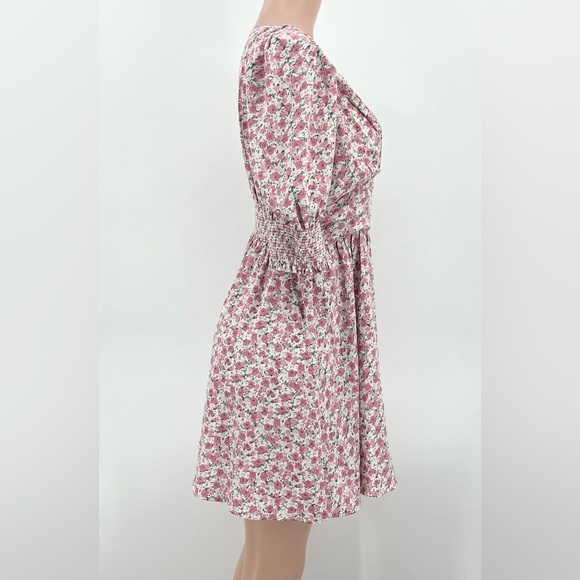 Lush Pink Floral Cottagecore Puff Sleeve V-Neck A-Line Dress Size Large - Picture 4 of 12